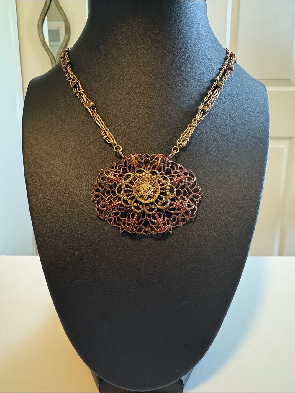 Vintage Chico's Filigree Pendant Necklace in Antique Gold and Brown